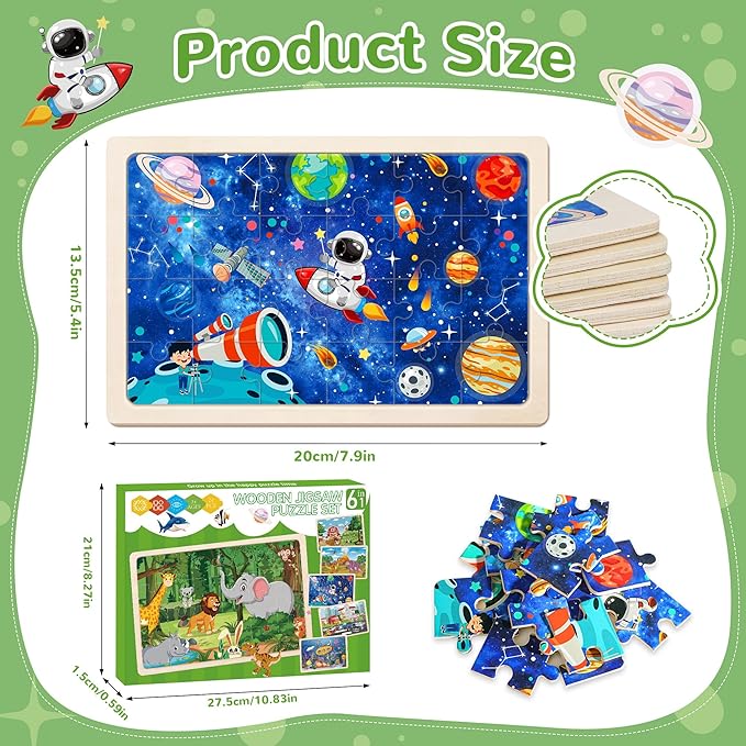 6 Packs Puzzles for Kids Ages 4-6,24Pcs Wooden Puzzles for Kids Ages 3-5,Dinosaur Animals Vehicle Space Farm Jigsaw Puzzles,Preschool Educational Toys Gifts for Children Ages 3+Year Olds Boys Girls