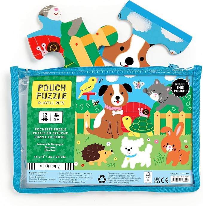 Mudpuppy Playful Pets – 12 Piece Puzzle with Reusable Zipper Pouch Featuring Colorful and Fun Illustrations of Pets Perfect for Easy Storage and Travel
