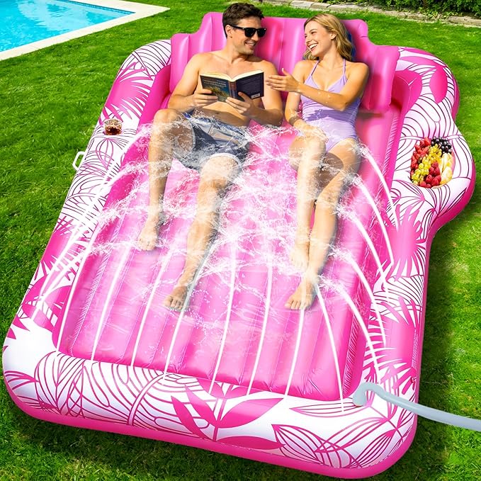 83" X 60" Inflatable Tanning Pool Lounger Float with Sprinkler, Extra Large Pool Float Adults with Pillow, 6 in 1 Suntan Tub Raft Floatie Toys with Drink Holder Sunbathing Water Filled Tanning Bed