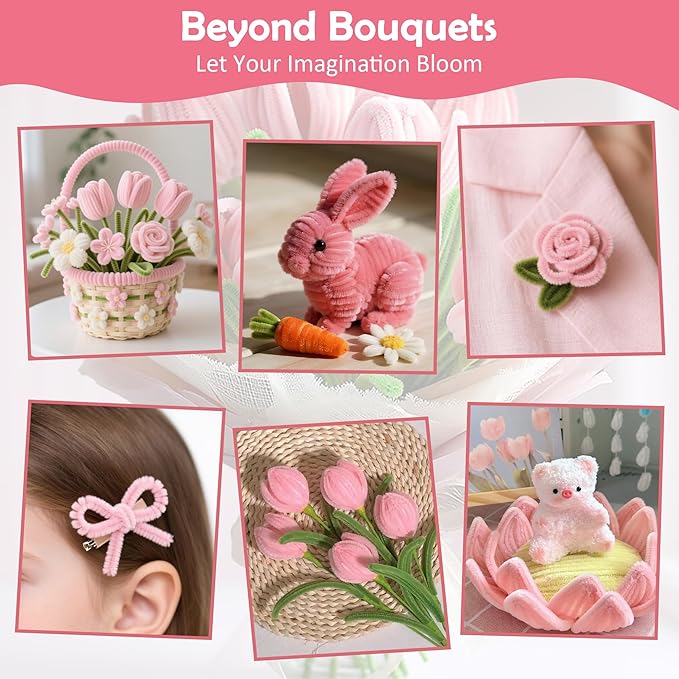 500 Pcs Pipe Cleaners Craft Kit for Flower Making, Complete DIY Bouquet Set with Chenille Stems, Craft Wire, Stamen, Tape, Ribbon & More, Perfect for Arts, Handmade Gifts & Decorations