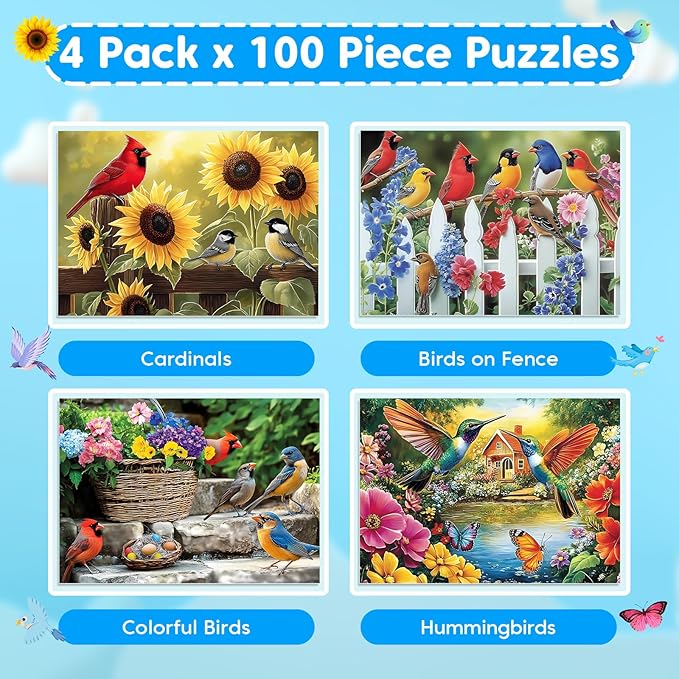 4-Pack 100 Piece Puzzles for Kids Ages 6-8 8-10 Year Old, Birds Puzzles, Large Piece Puzzle for Seniors 100 Pieces Adults Jigsaw Puzzle, Learning Educational Toys for Boys and Girls