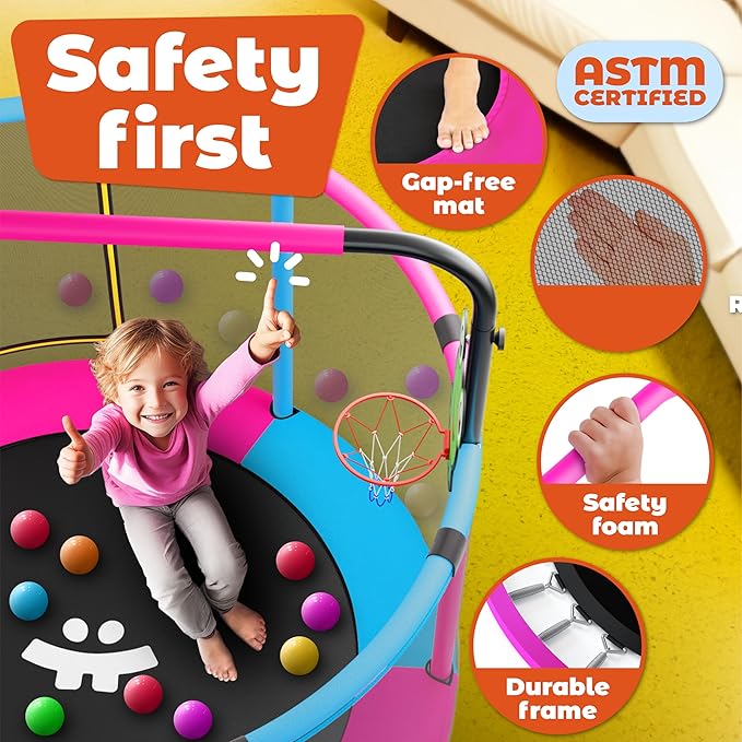 Happin® 55’’ Trampoline for Kids with Safety Enclosure, Indoor & Outdoor Toddler Trampoline, Ultra Safe Design with Multi Activity Accessories, Perfect Toddler Gift for Boys & Girls Ages 1–8