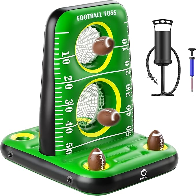 QPAU Inflatable Football Toss Game for Pool – Water Football Target with 4 Balls & 2 Pumps, Dual Net Design, Stable Base, Summer Pool Game for Kids & Adults