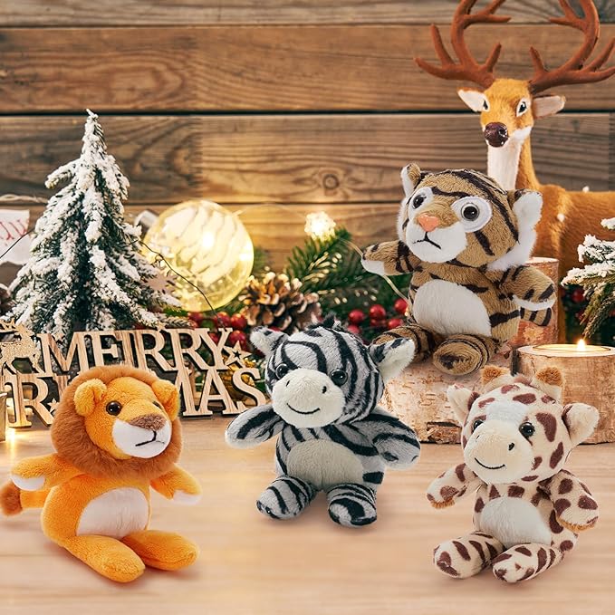 Tezituor 6 Pack Small Stuffed Animals Keychain,Cute Forest Animal Keychain Bulk,6" Mini Plush Toys,Lion/Tiger/Cheetah/Elephant/Giraffe/Zebra Kids Backpack Charm for Christmas, Easter, Birthday