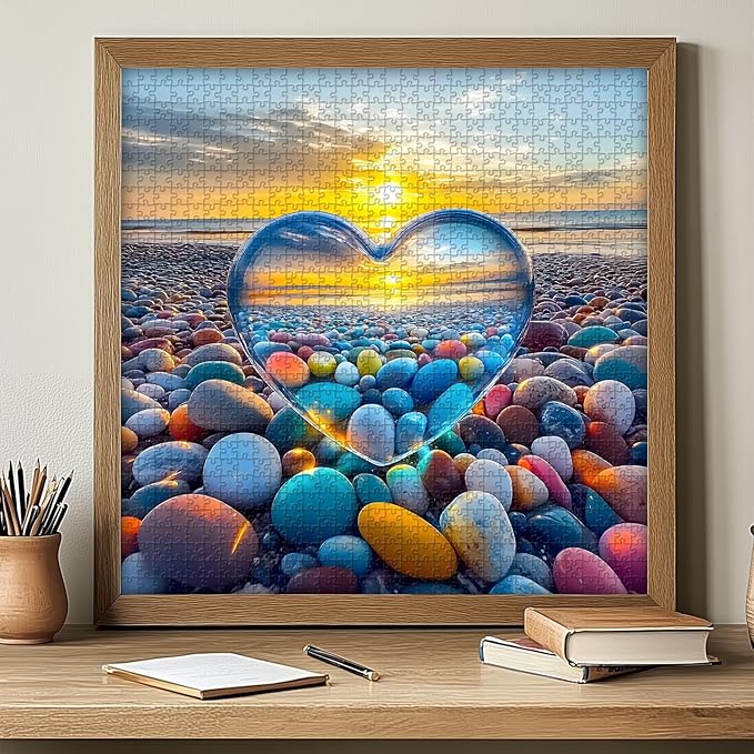 Crystal Heart Puzzles for Adults 1000 Pieces, PICKFORU Colorful Summer Beach Sunset Jigsaw Puzzles, Difficult Love Cobblestone Theme as Home Decor