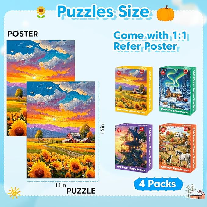 4 Packs 100 Piece Puzzles for Adults, 4 Themed Large Piece Puzzles for Seniors Jigsaw Puzzles for Kids Ages 6-8 8-10 Learning Educational Toys for Boys and Girls