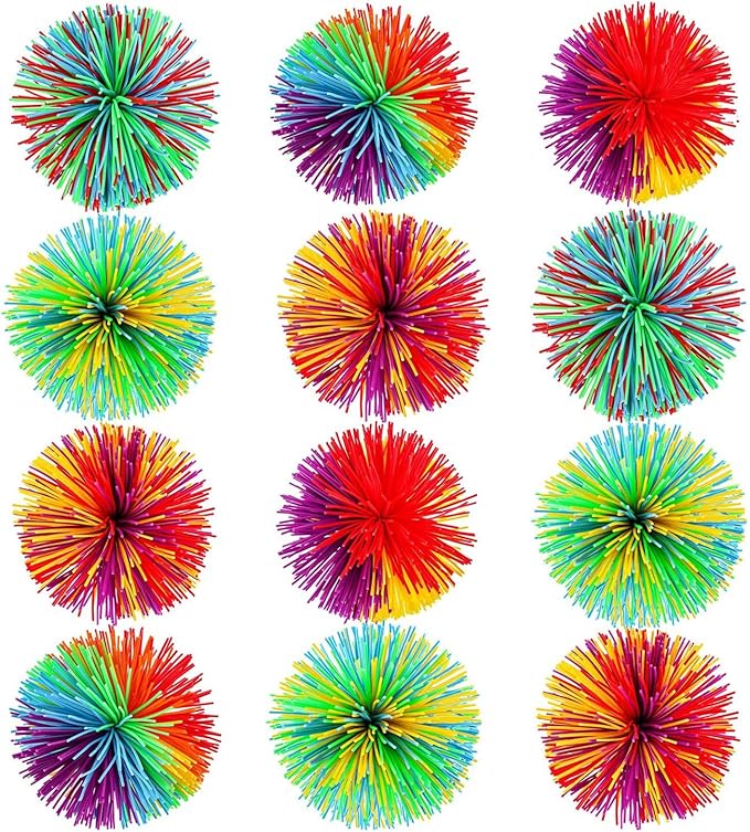 Leinuosen 12 Pieces 12 Pieces Stringy Balls Sensory Stringy Ball Soft Rainbow Pom Bouncy Stress Bags Easter Egg Fillers Basket Stuffers Party Favors Birthday Gifts, Multicolor (2.75 Inch)