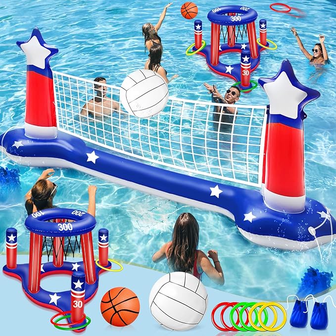 4th of July Pool Games Set, Volleyball Net & Basketball Hoop & Ring Toss, 250th Anniversary 3-in-1 Large Inflatable Water Sport Game Toys for Multi-Player Adults American Flag Swimming Summer Party