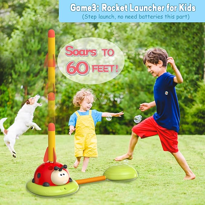 4 in 1 Musical Jump, Toss Ring Game, Baseball Toys and Stomping Launch Rocket Launcher for Kids Toys & Games with Remote, Indoor Outdoor Toys for Kids Ages 4-8 3-5 Baseball Party Favors Birthday Gift