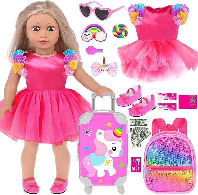 ebuddy 18 inch Doll Clothes and Accessories-Travel Suitcase Playset for 18 inch Dolls Flower Princess Dress with Backpack Luggage Include Shoes, Glasses and Ticket (No Doll)