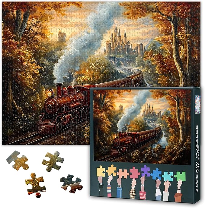Castle Puzzles for Adults 1000 Pieces, Train Traveling Through Forest Jigsaw Puzzles, Adult Puzzle for Adults, Educational Fun Games or Toys for Elders Friends 20X27 INCH