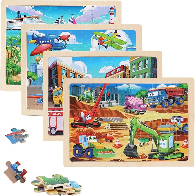 Wooden Puzzles Vehicle Toys for Kids Ages 3-5, Set of 4 Packs with 60-Piece Wood Jigsaw Puzzles, Preschool Educational Brain Teaser Boards for Boys an