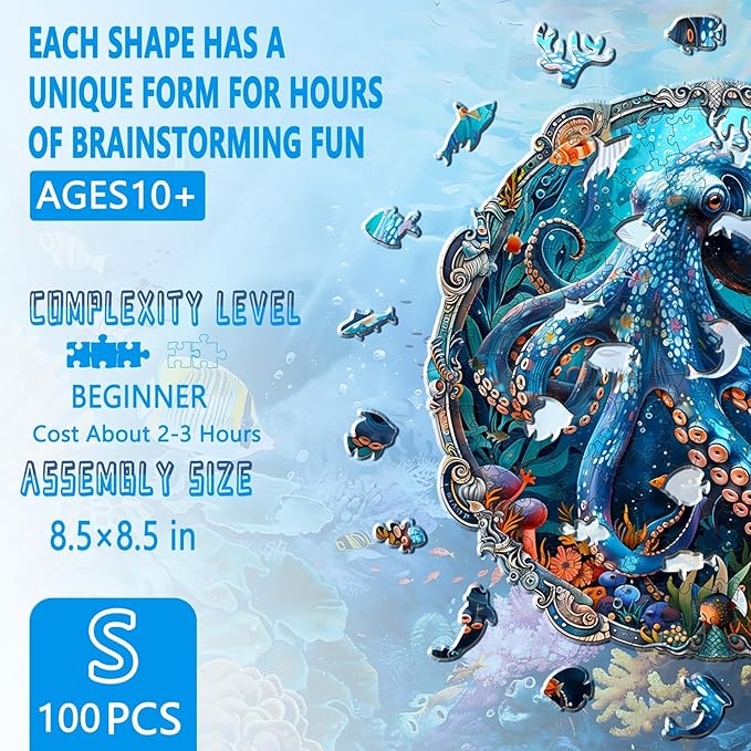 Wooden Puzzles for Adults, Mystic Tentacles Wooden Jigsaw Puzzle, Wood Puzzles Adult, Unique Shaped Octopus Puzzle for Adults, Fun Gifts & Home Decor (S-8.5 * 8.5in - 100 pcs)