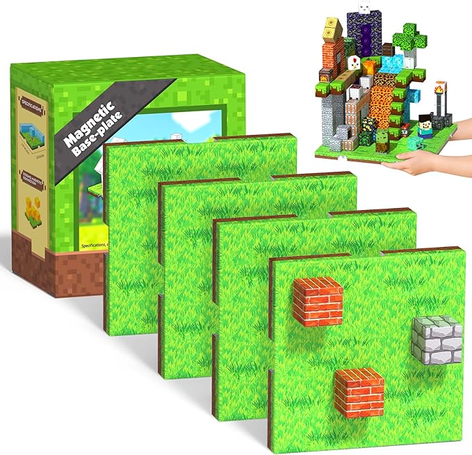4PCS Magnetic Blocks Base Plates for Kids, 4" x 4" Strong Grip Magnetic Tiles Base Fits Most Magnetic Blocks & Cubes, STEM Building Toy Birthday Gifts for Boys Girls Ages 3+ (Grassland)