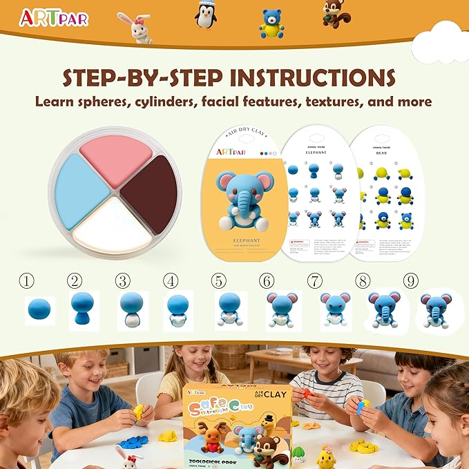 Air Dry Clay Kit for Kids-12 Animals Modeling Magic Clay,DIY Art Crafts Molding Clay Set,Ultra Light & Soft, Safe & Non-Stick with Sculpting Tools & Tutorials, Unique Gifts for Boys & Girls