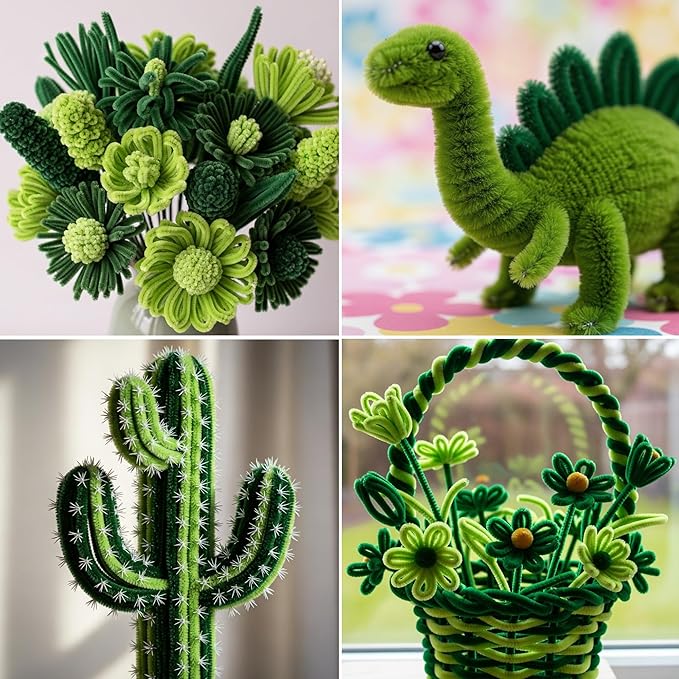Caydo 200 Pieces Green Pipe Cleaners,Thick Fluffy Chenille Stems, Pipe Cleaner Crafts for Arts & Crafts, Perfect for Making Animals, Flowers, and Easter Decorations