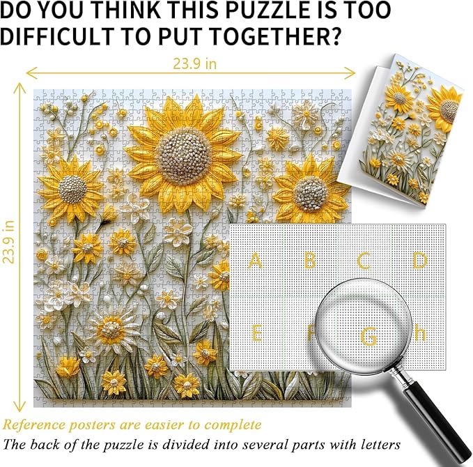 Sunflower Puzzles for Adults 1000 Pieces, PICKFORU Spring Flower Garden Puzzle Nature, Difficult Hard Golden Sunflower Art Theme, Challenging for Adults