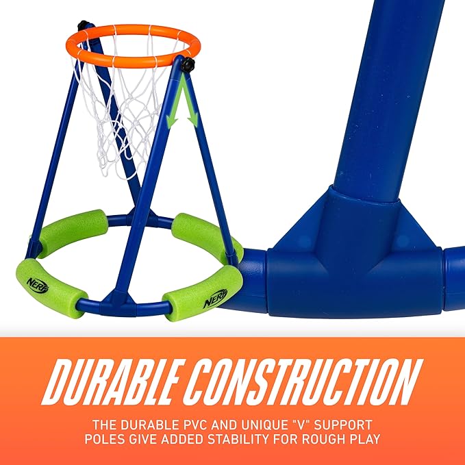 NERF Floating Pool Basketball Hoop + Football Target Net Set - Water Basketball + (2) Water Footballs Included - Floating Hoop + Target Goal for In-Pool + Poolside Play - Sports Toys for Kids