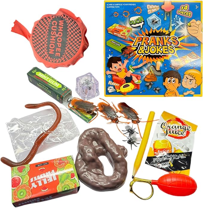 Gag Prank Kit, Funny Joke Toys, 12 Piece Portable Set, Assorted Novelty Practical Joke Gadgets, Party Favors Entertainment Pack, Humor Toy Collection for Kids Friends Adults Home
