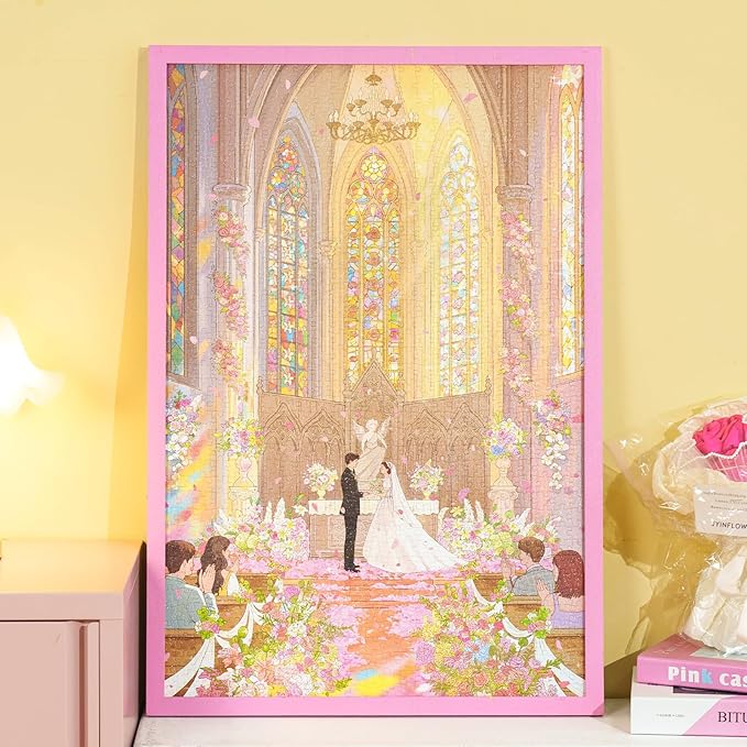 MOMIBOOK 1000 Piece Puzzle for Adults Jigsaw Puzzles of Wedding in The Holy Light, Vertical Texture Moonlight Feel Painting Image Hard Impossible Puzzle Unique Party Christmas Birthday Gifts