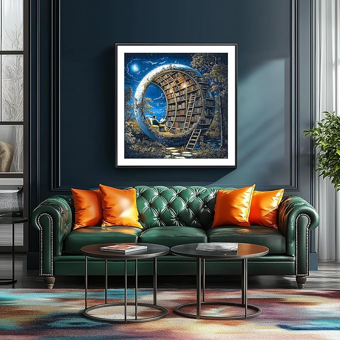 MINIWAN Fantasy Moon Shaped Library 500 Piece Jigsaw Puzzle for Adults, Surreal Night Sky Reading Man Jigsaw Puzzle, Large Piece Puzzle for Seniors, Gift for Book Lovers 20x20 Inch