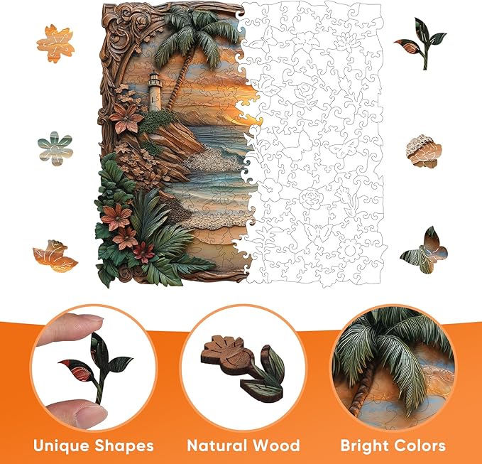 Pikoqunc Seaside Dusk Wooden Puzzles,503 Pieces16.1x15.8 Inches,Laser-Cut Art Jigsaw with Challenging Irregular Pieces,Relaxing Brain Teaser and Elegant Gift for Adults and Puzzle Lovers