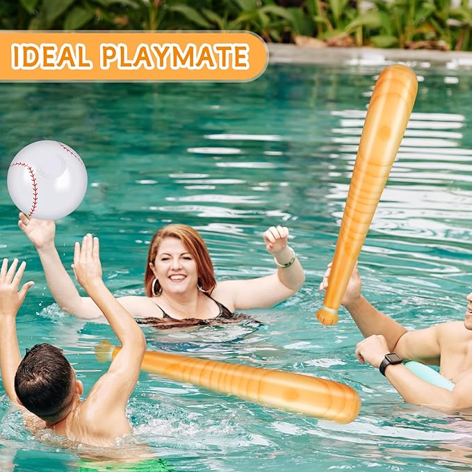 10 Pieces Inflatable Baseball Set, Including 4 Piece 30 Inch Baseball Bat and 6 Piece 5 Inch Beach Baseball, Sports Party Decorations for Kid Adult Pool & Beach Sports Games
