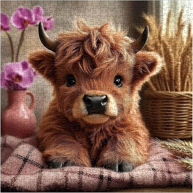 Cute Highland Cow Flower Puzzles for Adults 1000 Pieces, Funny Alpine Cattle Animal Jigsaw Puzzle, Impossible Difficult Art Puzzles