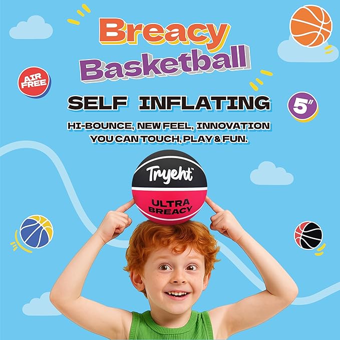 Mini Basketball, 5-Inch Self-Inflating Rubber Ball – No Pump Needed, High-Bounce Breacy Ball for Indoor Mini Hoop & Outdoor Play