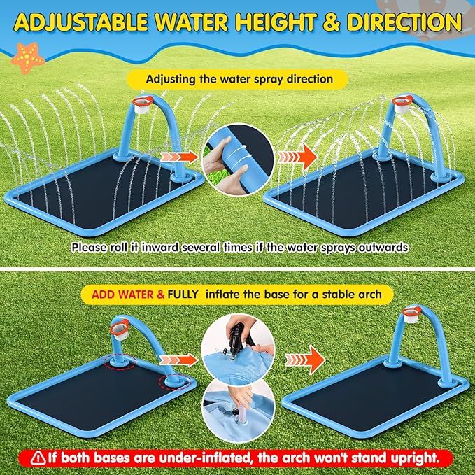 Splash Pad, 110x91'' 2-in-1 Large Sprinkler Mat with Basketball Hoop and Arch for Kids Outdoor Play, Shoot Game for Backyard, Inflatable Water OutdoorToys More Fun for Boys and Girls