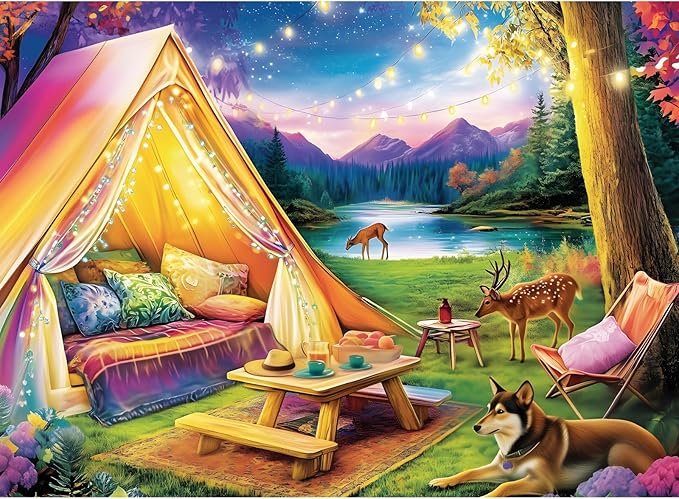 500 Piece Puzzle for Adults, Dreamy Forest Camping Puzzles for Adults Senior, Starry Sky, Lake and Cute Deer Jigsaw Puzzles, Challenging Perfect Game Nights for Family Friend 20.5 X 15 in