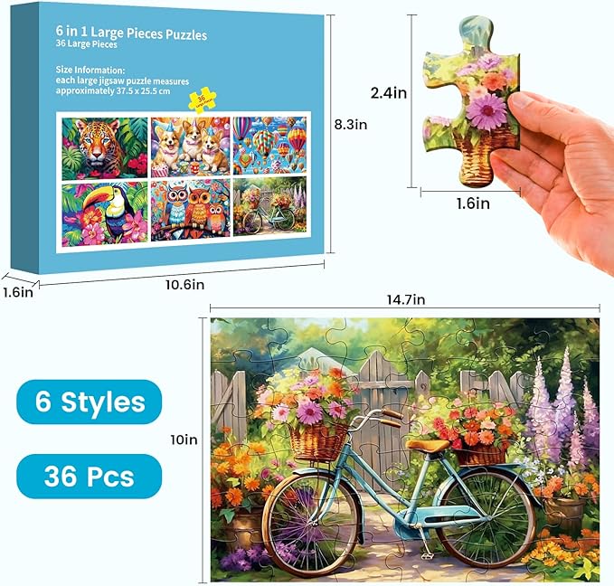 6 Packs 36 Pieces Large Puzzles for Seniors,Dementia Puzzles for Elderly Adults,Jigsaw Puzzles for Adults Seniors with Alzheimer's Dementia with 3 Storage Bags