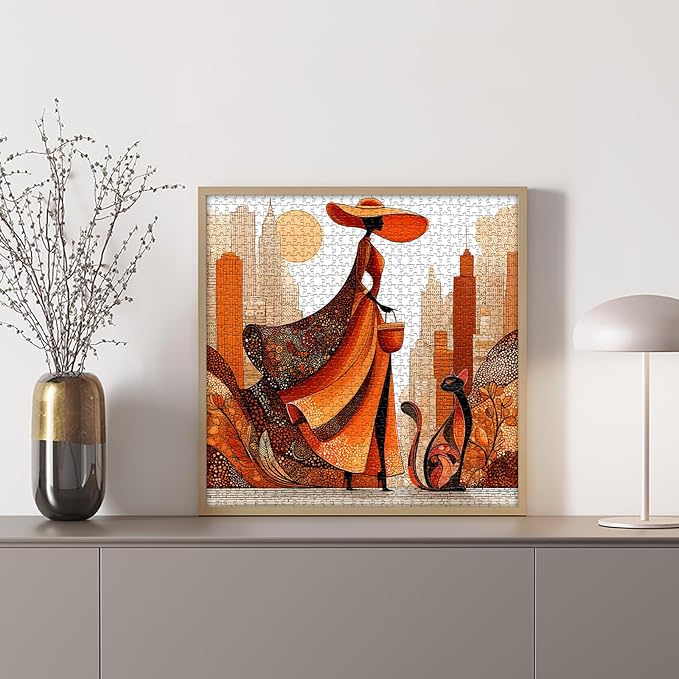 Impossible Puzzle for Adults 1000 Pieces, PICKFORU Orange Time Jigsaw Puzzle Beauty Women Aesthetic Art, Cat Elegant Lady Challenge Puzzle