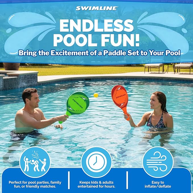 SWIMLINE Neoprene Pool & Beach Accessory for Active Group Play, Backyard Games, and Water Sports – 2-Player Waterproof Paddle Set with Soft Ball, Red & Green