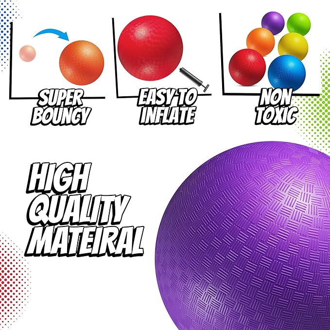 7-inch Dodgeballs For Kids & Adults (6 Pack) - Rubber Kickball Playground Four Square Balls With Pump - Colorful Indoor Or Outdoor Play Sports Balls For School PE Class, Recess, Backyard Game