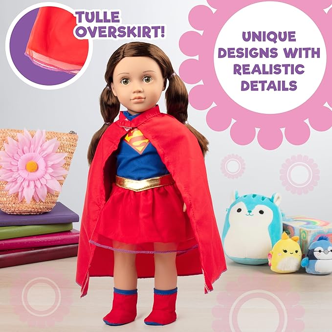 Dress Along Dolly 3pc Super Hero Girl 18" Doll Outfit-Compatible with American Girl- Premium Handmade Clothes & Accessories Set Includes Dress, Shoes, Cape- Movie and Comics Gift