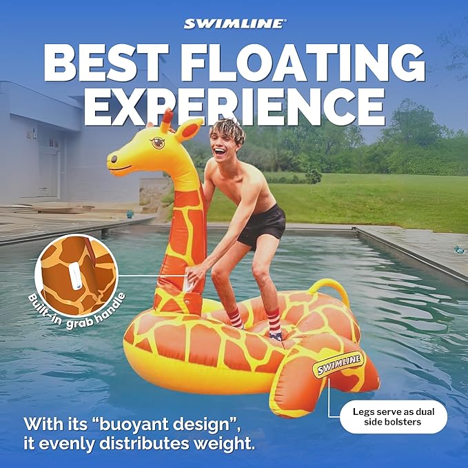 SWIMLINE ORIGINAL 90710 Giant Inflatable Giraffe Pool Float Floatie Ride-On Lounge W/ Stable Legs Wings Large Rideable Blow Up Summer Beach Swimming Party Lounge Big Raft Tube Decoration Toys Kids