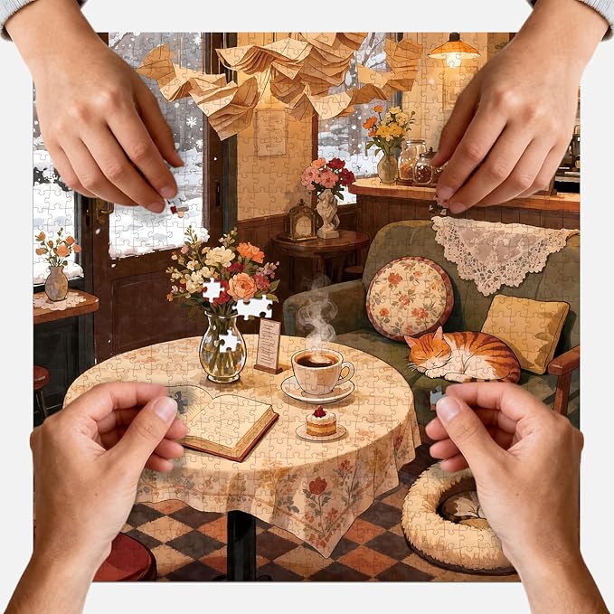 Puzzles for Adults 1024 Pieces Snowy Vintage Coffee Shop with Cats, Jigsaw Puzzles with HD Poster, Puzzles with Letter Markings, Gift for Family Friends（23.86 x 23.86 in）