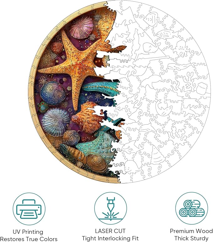 Mocfesk Wooden Puzzles for Adults, Shell Starfish Puzzles 500 Pieces, Unique Shaped Underwater Ocean Jigsaw Puzzles for Adults and Kids, Birthday Gifts Fun Challenge Family Game 16.5'' x 16.5''