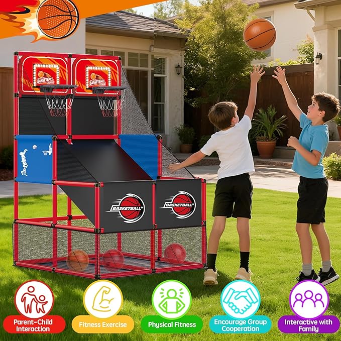 Upgrade Dual Basketball Arcade Game Kids Basketball Hoop with Electronic Scoreboard LED Light 6 Balls Indoor Outdoor Sports Toys Gifts for Boys Girls Ages 3-8 (Red)