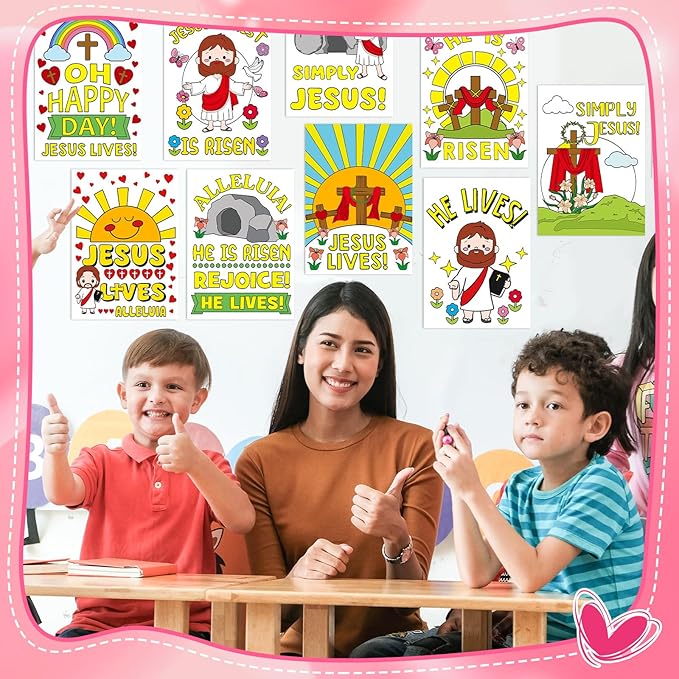 Zhanmai 30 Pcs Easter Craft Coloring Poster, Color Your Own Funny Religious Posters DIY He Lives Easter Crafts Bulk Religious Cross Butterfly Bible for Party Church Sunday Activities