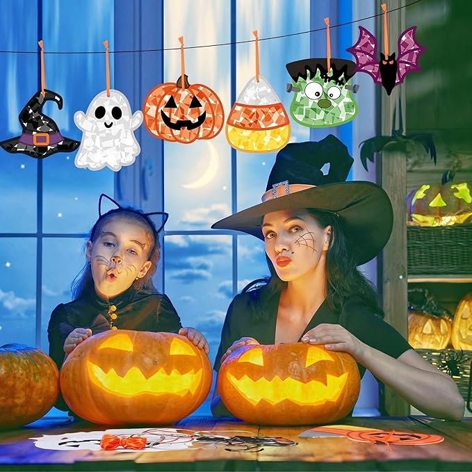 Feifeiya 24 Set Halloween Suncatcher Crafts with Tissue Paper DIY Stained Glass Effect Sun Catcher Kit Make Your Own Halloween Crafts Hanging Ornaments for Window Activity Creative Projects