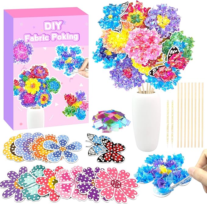 KIFHCMPR Poke in Fun Art Flower Bouquet Craft Kits for Kids,with 10 Flowers & 2 Butterflies,Arts and Crafts,Mess-Free Craft,DIY Art Activity Birthday Christmas Gifts Ideas for Girls & Boys Ages 4-10+