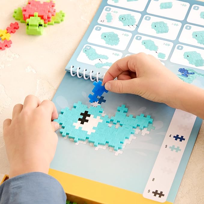 Plus Plus Puzzle By Number Activity Pad, Kids Travel Activities, Interlocking Mini Building Blocks, 3D Puzzle Stem Toy for Kids - Ocean