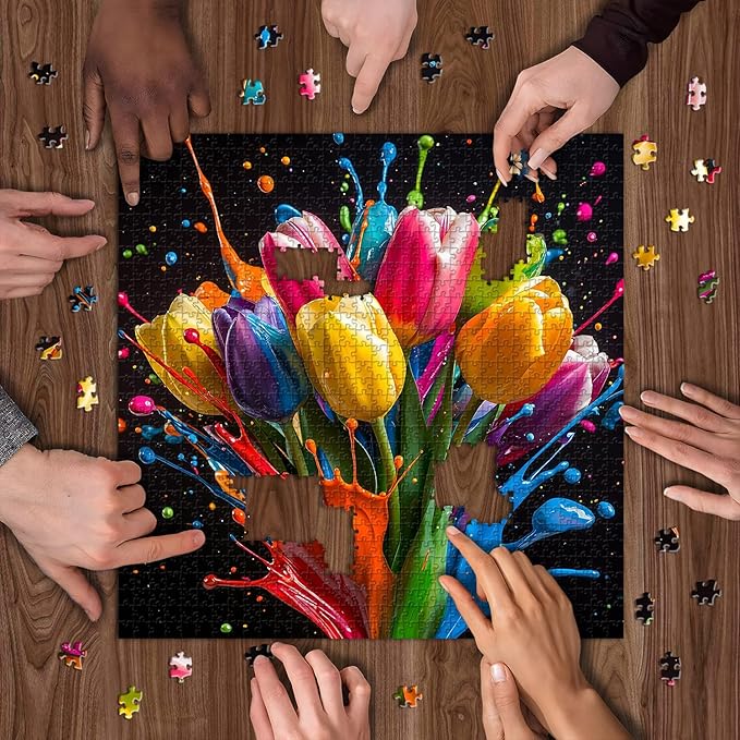Gradient Tulips 1000 Piece Puzzle for Adults, PICKFORU Coloful Flowers Art Jigsaw Puzzles, Hard Challenging Spring Plant Theme as Wall Decor