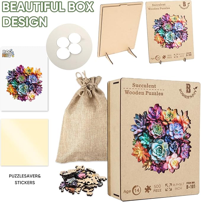 Bodhipnjoy Wooden Puzzles for Adults, Flower Succulent Jigsaw Puzzle- 5mm Thickness, Unique Irregular Wood Plant Puzzles, Creative Gifts for Birthday, 200 Piece, 11.4x11.3in