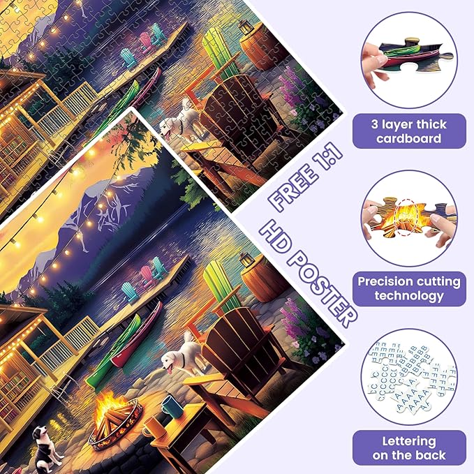 500 Pieces Dog Puzzles for Adults, Evening Bonfire Puzzle for Adults Seniors, Retro Style Puzzle 500 Pieces, Gift for Birthday, Home Decor, Fun for Family Entertainment(20.5 * 15 in)
