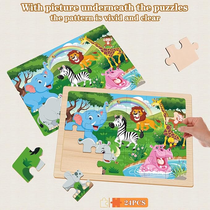 Wooden Puzzles for Kids Ages 4-6, 6 Packs 24 Pcs Jigsaw Puzzles Preschool Educational Toys Gifts for Children Ages 3 4 5 6 Year Old Kids Puzzles Ages 3-5 Year Olds Boys Girls