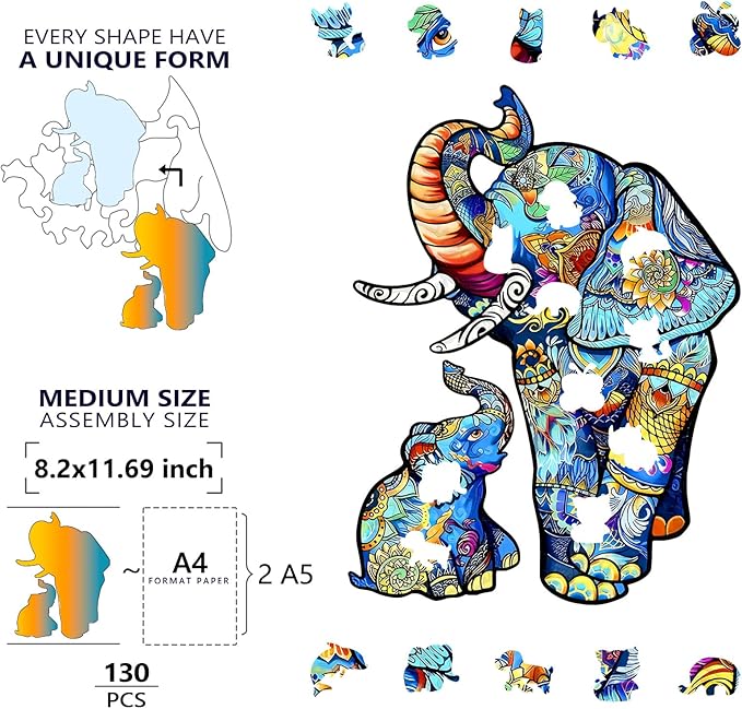 Wooden Puzzles for Adults, Unique Puzzles for Adults, Irregular Animal Shaped Wooden Jigsaw Puzzles, Creative Birthday Gift, 8.1 x 8.1 inch, Elephants