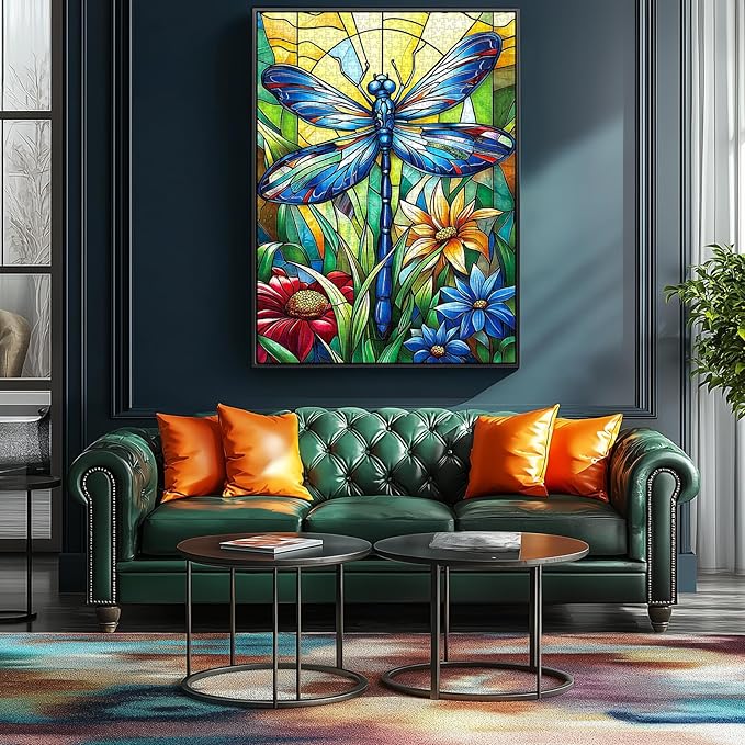 MINIWAN 1000 Piece Stained Glass Blue Dragonfly Wildflowers Jigsaw Puzzle for Adults, Colorful Mosaic Insect Floral Art Puzzle, 27.5 x 19.7 Inch Gift for Nature & Art Lovers